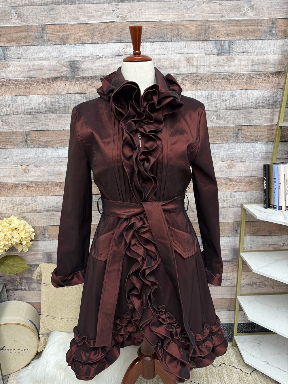 Samuel Dong metallic burgundy ruffle zip up jacket